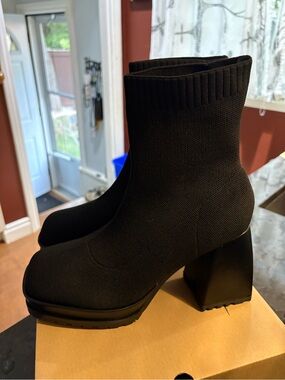 Women's Black Knit Sock Ankle Boots with Block Heel